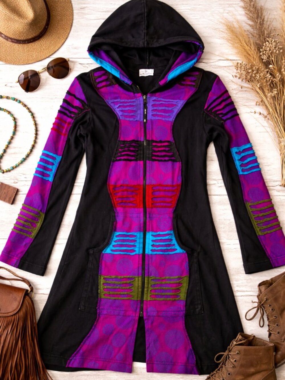 Ark Imports Hooded Patchwork Jacket Boho Hippie Festival Zip Up Longline Coat